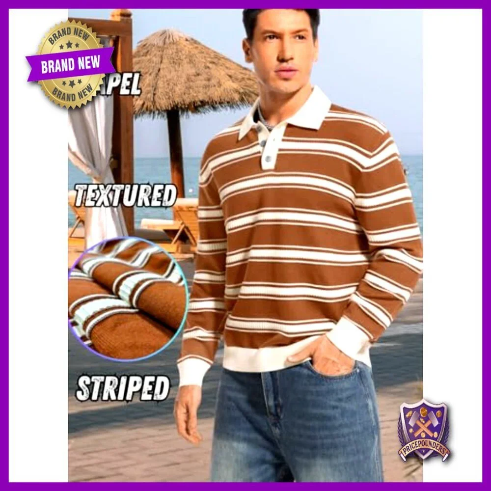 Men's Striped Long Sleeve Polo Sweater, Lightweight Knit Pullover Rugby Shirt